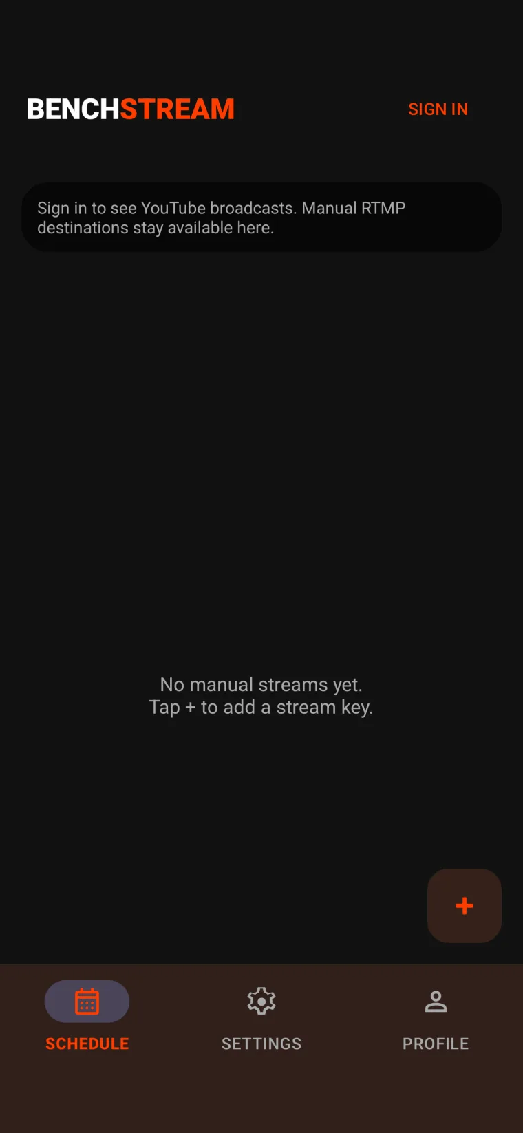 BenchStream broadcast list showing available YouTube broadcasts after signing in with Google