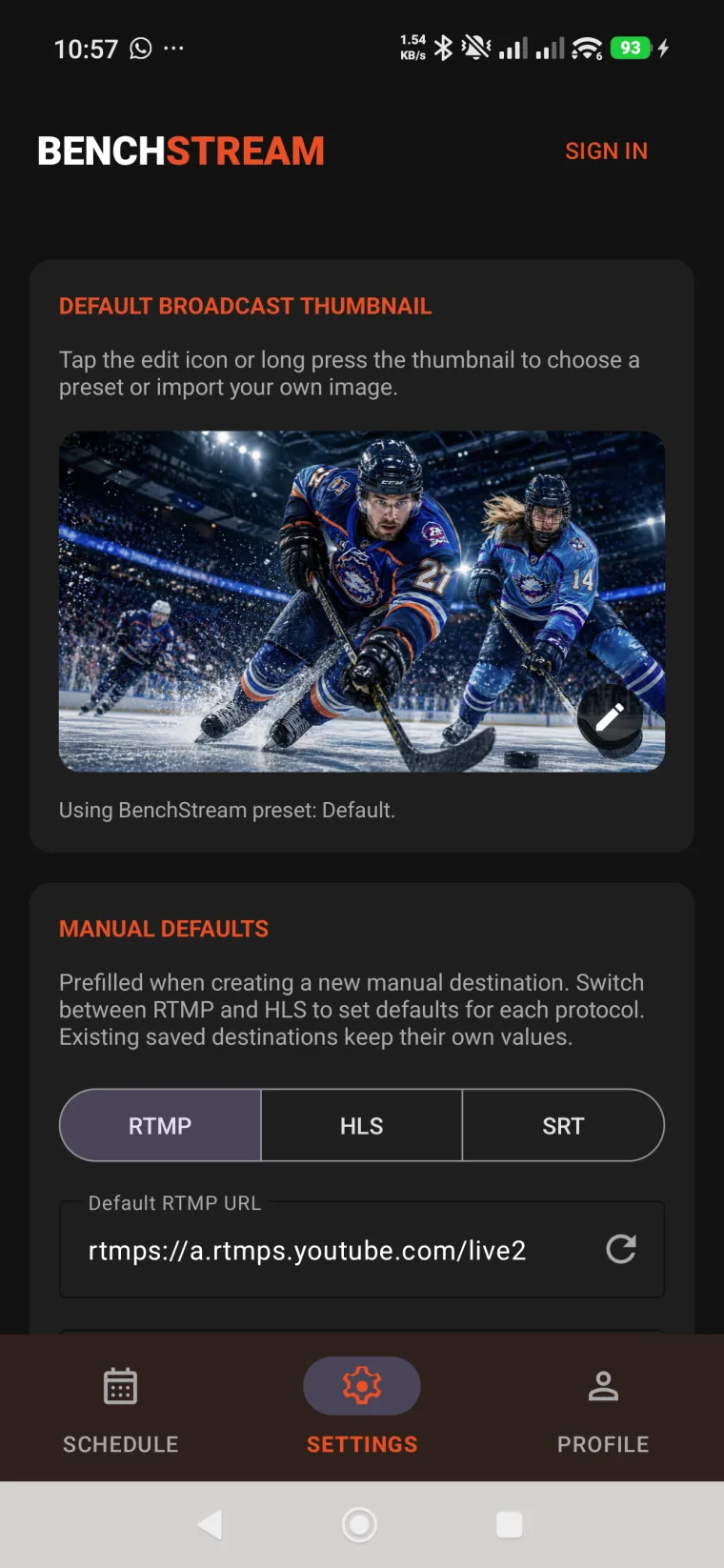 Global settings screen showing audio configuration and default broadcast thumbnail options