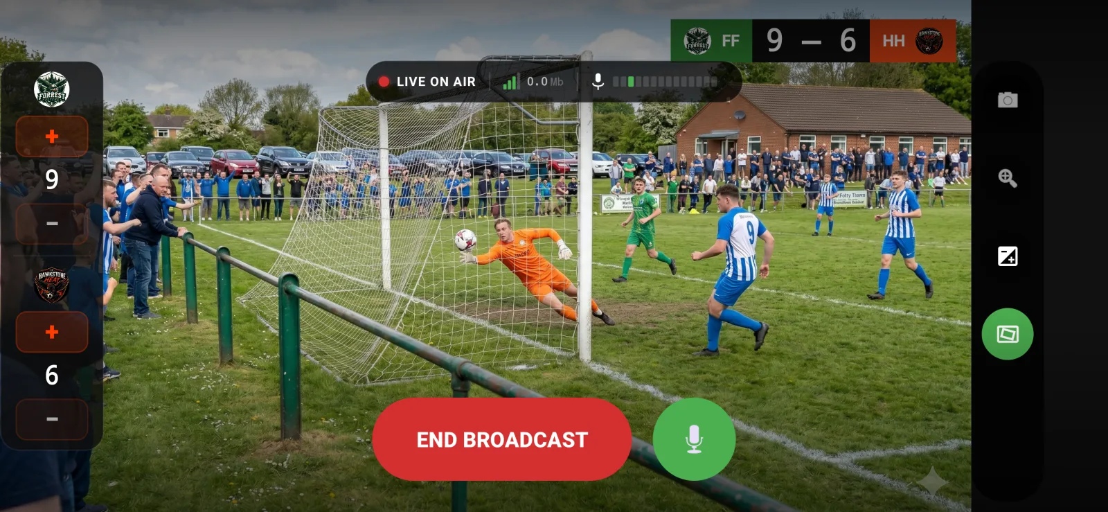 BenchStream operator view showing a football game with live scoreboard overlay